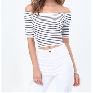 Bebe Black & White Striped Off Shoulder Top
